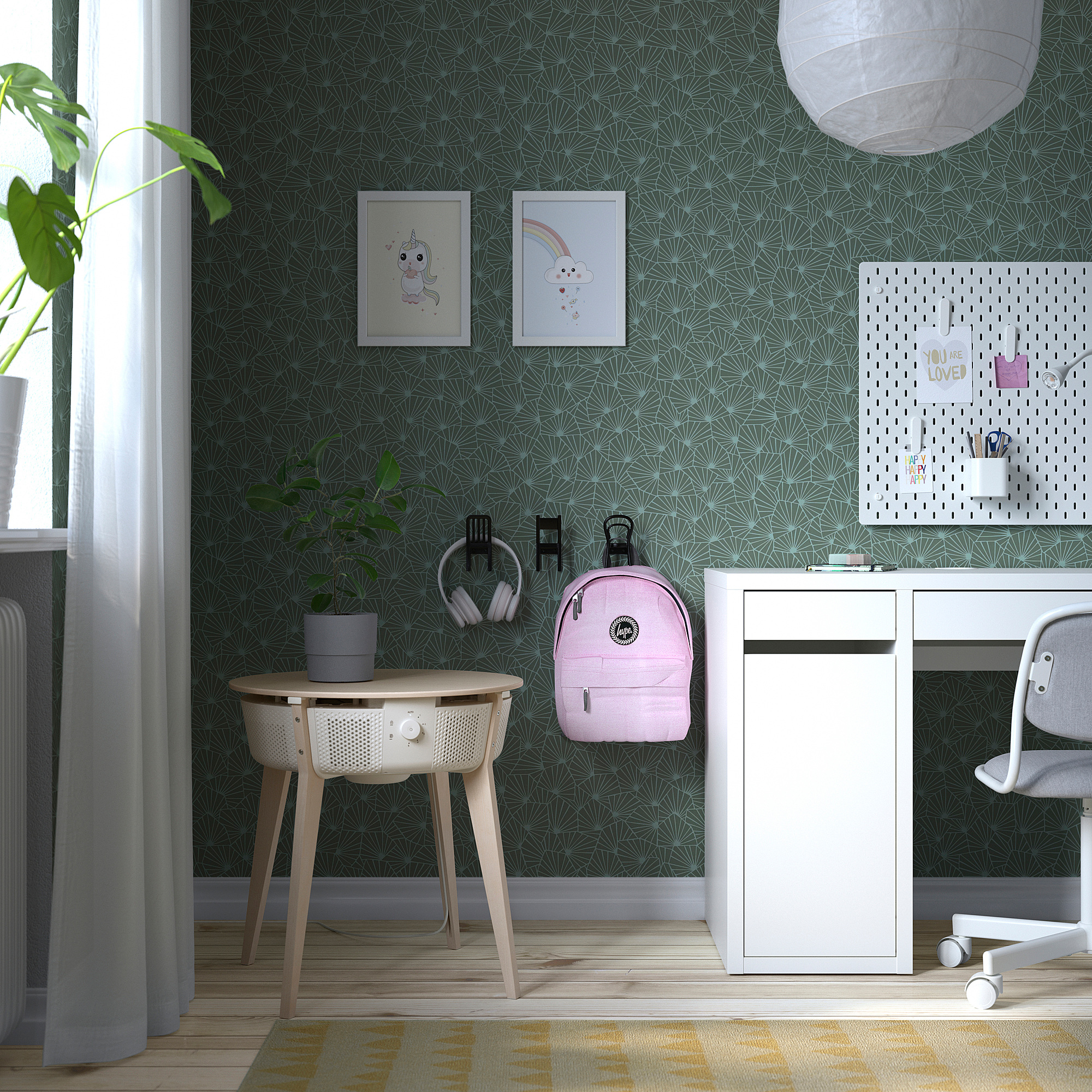 Modern study with STARKVIND air purifier table, backpack, framed pictures, accessories, teal wall, wood floor, yellow-green rug.