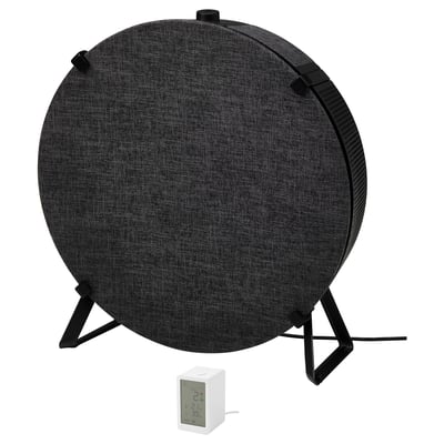 Black ikea STARKVIND air purifier with triangular stand & small white sensor.
