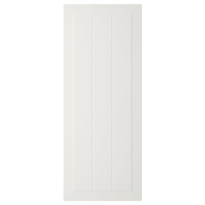 A white, rectangular STENSUND door with vertical grooves, made of fiberboard, lacquered for easy cleaning.