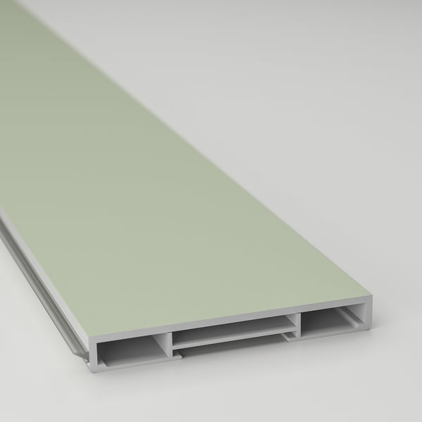 Light green kitchen plinth, sleek edge, durable material.