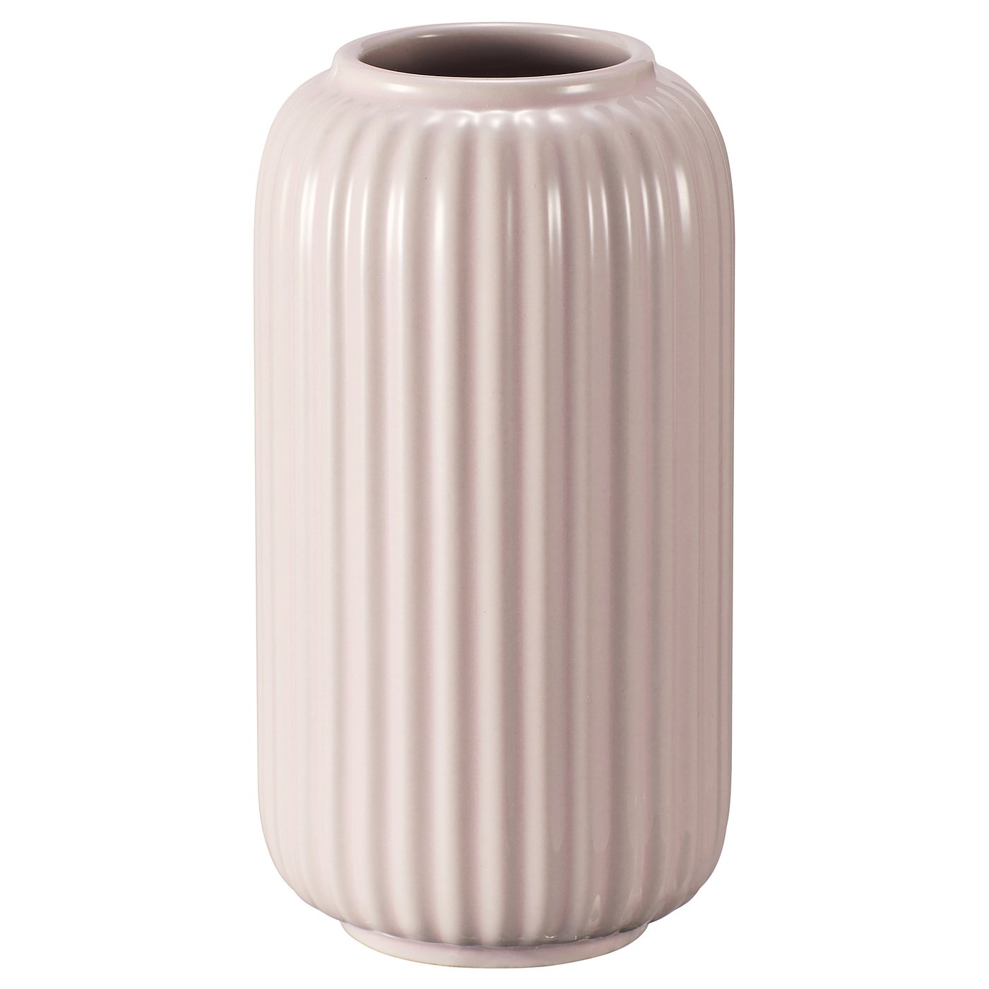 A light pink, cylindrical STILREN vase with vertical ridges and a smooth interior, made from stoneware with a coloured glaze.