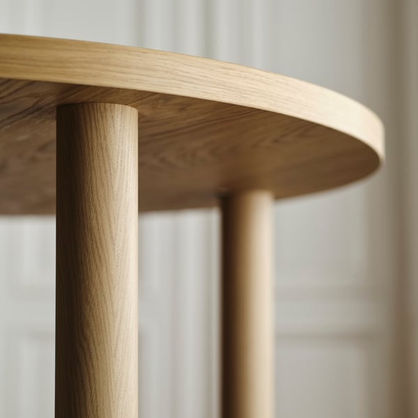 Close-up of oak table, showcasing smooth, honey-colored wood, sleek design, and high-quality finish.