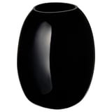 Black glossy glass vase, tall with soft shape, handcrafted, elegant.