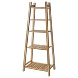Wooden 4-shelf IKEA rack for towels & toiletries. Rustic acacia wood finish, saves space.