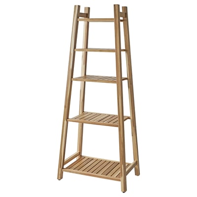 Wooden 4-shelf IKEA rack for towels & toiletries. Rustic acacia wood finish, saves space.