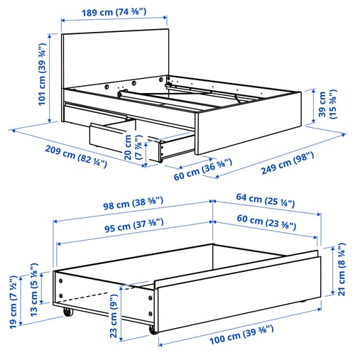 STORKLINTA Bed frame with 2 storage boxes, dark brown oak effect, 180x200 cm