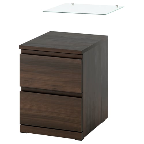 STORKLINTA Bedside table with glass top, dark brown oak effect/with glass top, 40x50x53 cm