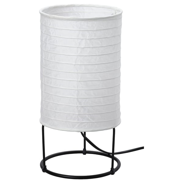 STRANDAD white table lamp, cylindrical rice paper shade, black metal base, sleek minimalist design.
