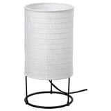 STRANDAD white table lamp, cylindrical rice paper shade, black metal base, sleek minimalist design.
