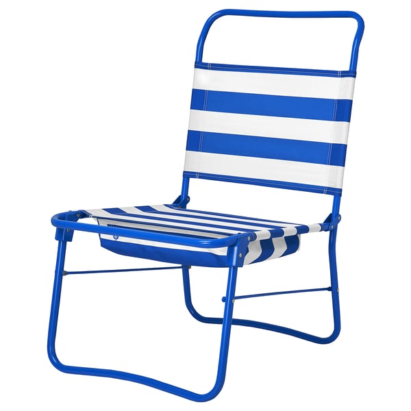 STRANDÖN blue chair, white stripes, metal frame, foldable, perfect for beach or picnic.