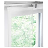 White curtain with green leaf pattern mounted on a rail, suitable for layered window solutions.