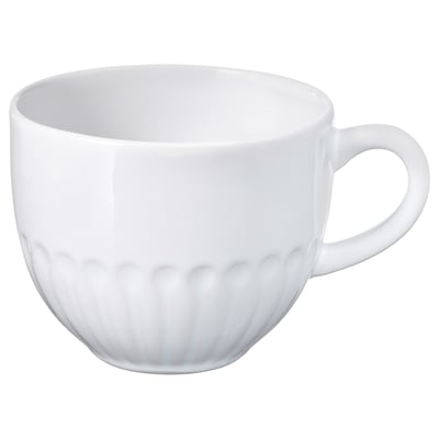 A white STRIMMIG mug, made of stoneware with a textured, flower-inspired design and a handle for easy grip.