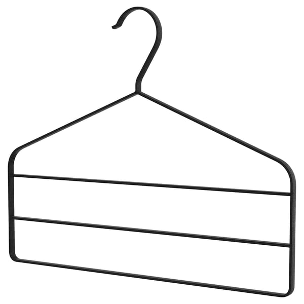STRYKIS black trouser hanger, velvet surface, steel frame, holds 3 pairs, keeps clothes wrinkle-free.