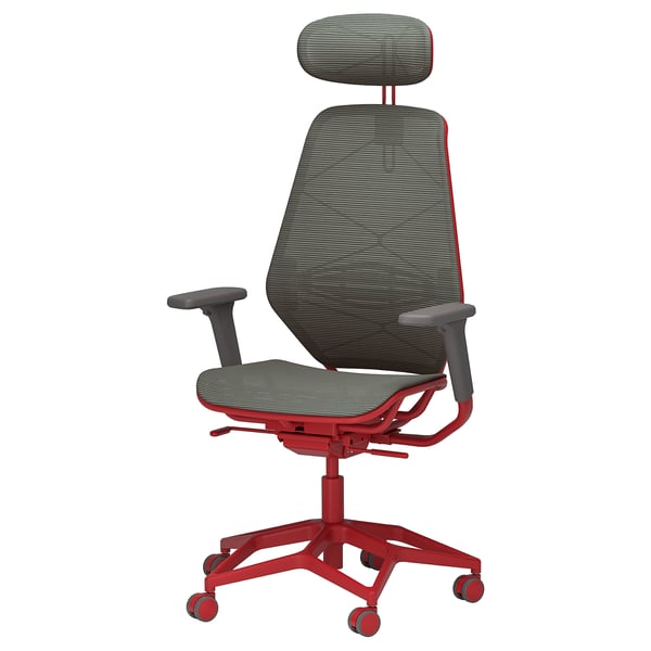 STYRSPEL red gaming chair, high back, mesh for breathability, adjustable sturdy base with wheels for movement.