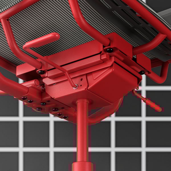 Red STYRSPEL gaming chairs base and gas cylinder, black mesh back.