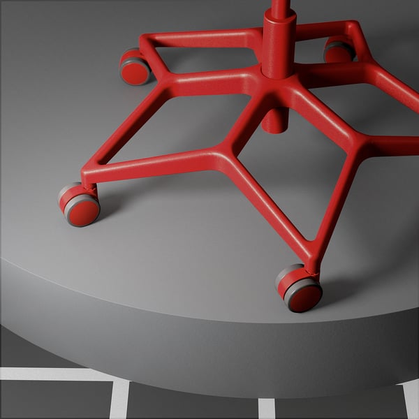 Bright red STYRSPEL gaming chair base. Five casters, angled support legs, gray curved floor.