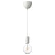 A white SUNNEBY pendant lamp with a spherical led bulb featuring a visible filament.