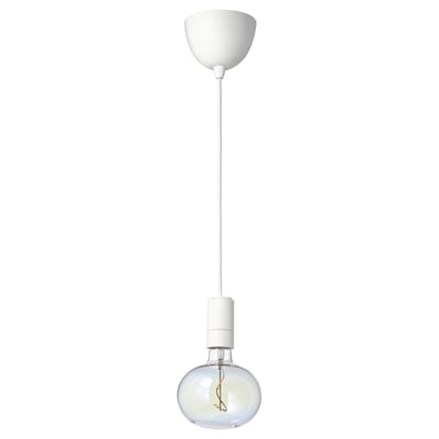 SUNNEBY pendant lamp with white cord, multicolored led bulb, glass shade.
