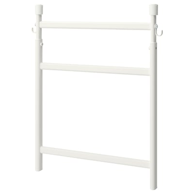 White wall-mounted storage rack with 2 bars for kitchenware, powder-coated steel, humidity-resistant.