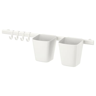 The SUNNERSTA white kitchen organizer with two square containers, hooks, and a rail made of abs plastic, polyester powder coating, and steel.