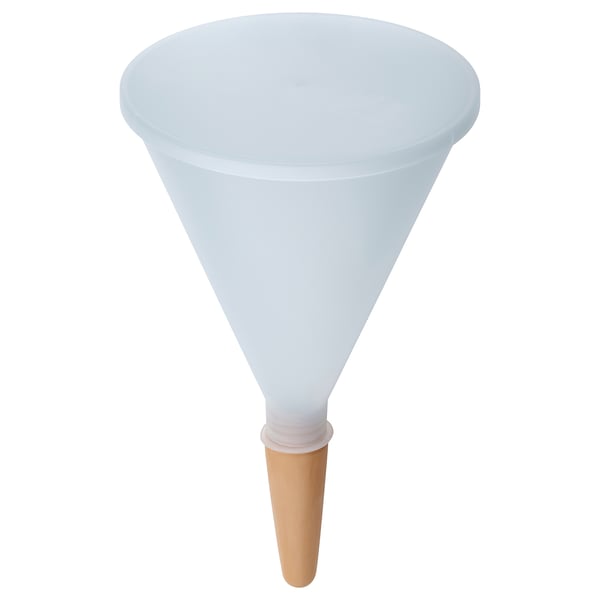SVÄMSKOG self-watering plant insert, light blue, plastic & terracotta, funnel shape with wooden tip.
