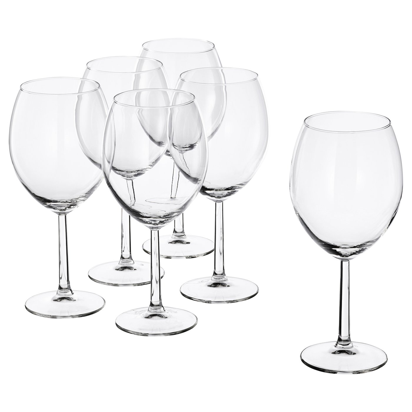 Six clear SVALKA glasses, modern designed with wide bowls, standing on flat surfaces, made of glass.
