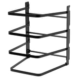 This image shows a black metal storage rack for baking trays. It has three shelves, is wall-mountable, and designed for efficient kitchen storage.