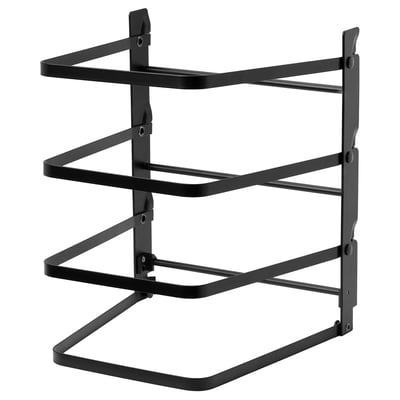 This image shows a black metal storage rack for baking trays. It has three shelves, is wall-mountable, and designed for efficient kitchen storage.
