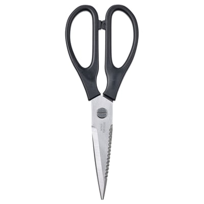 Black SVARTFISK kitchen scissors with plastic handles and stainless steel blades, designed for both right and left-handed users.