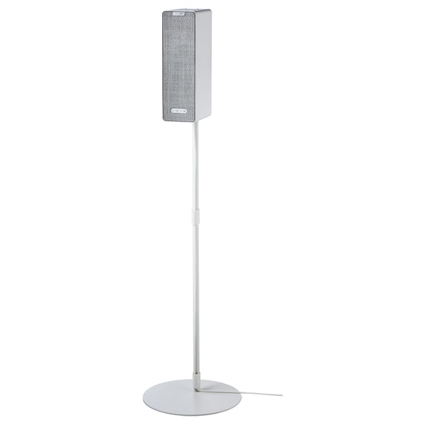 A white SYMFONISK wifi speaker on a stand. The sleek, rectangular speaker has a fabric front and silver base.