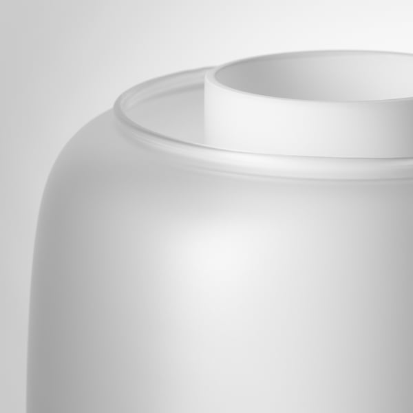 Modern, seamless white glass lamp shade; sleek, high-quality design; smooth edges; minimalist aesthetic.