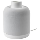 SYMFONISK speaker-lamp combo, white, fabric, cylindrical, minimalist. Light grey base, cord attached.