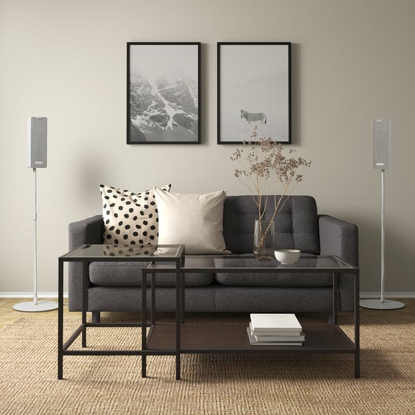 Modern living room with grey couch, patterned pillows, glass-top coffee table, two wall-mounted framed photos, two tall floor speakers, beige rug.