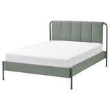 Modern grey-green bed, sleek metal frame, padded headboard, clean lines.