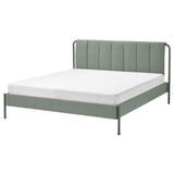 Modern TÄLLÅSEN bed: grey-green fabric, metal frame, padded headboard, clean lines.