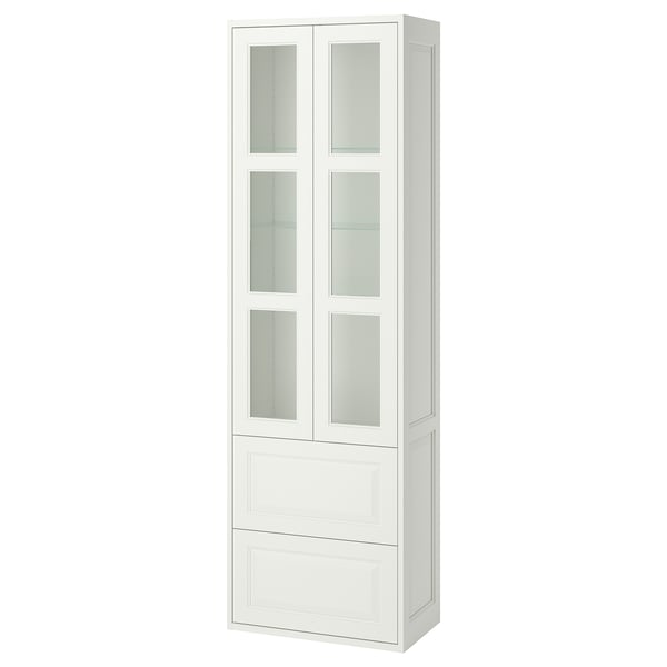 White TÄNNFORSEN cabinet with glass doors & drawers, perfect for bathroom storage.