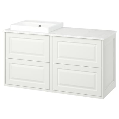 White TÄNNFORSEN bathroom vanity, marble countertop, ceramic basin, four drawers, classic style.