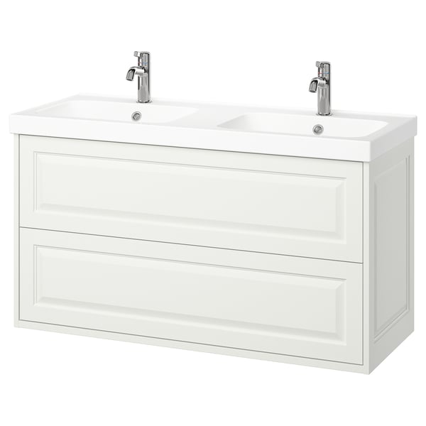 White TÄNNFORSEN double sink vanity. Classic design with beveled edges, wall-mounted, two drawers.