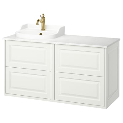 A white TÄNNFORSEN bathroom cabinet with two drawers and a marble countertop. It a classic design with a gold faucet.