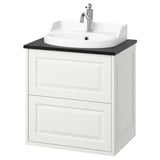 White TÄNNFORSEN cabinet, sink, chrome faucet, classic edges, full drawer storage.