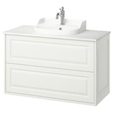 TÄNNFORSEN white bathroom vanity. Classic elegance with beveled edges, wall-mount design, and a ceramic basin.