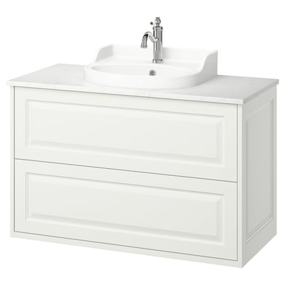 TÄNNFORSEN white bathroom vanity. Classic elegance with beveled edges, wall-mount design, and a ceramic basin.