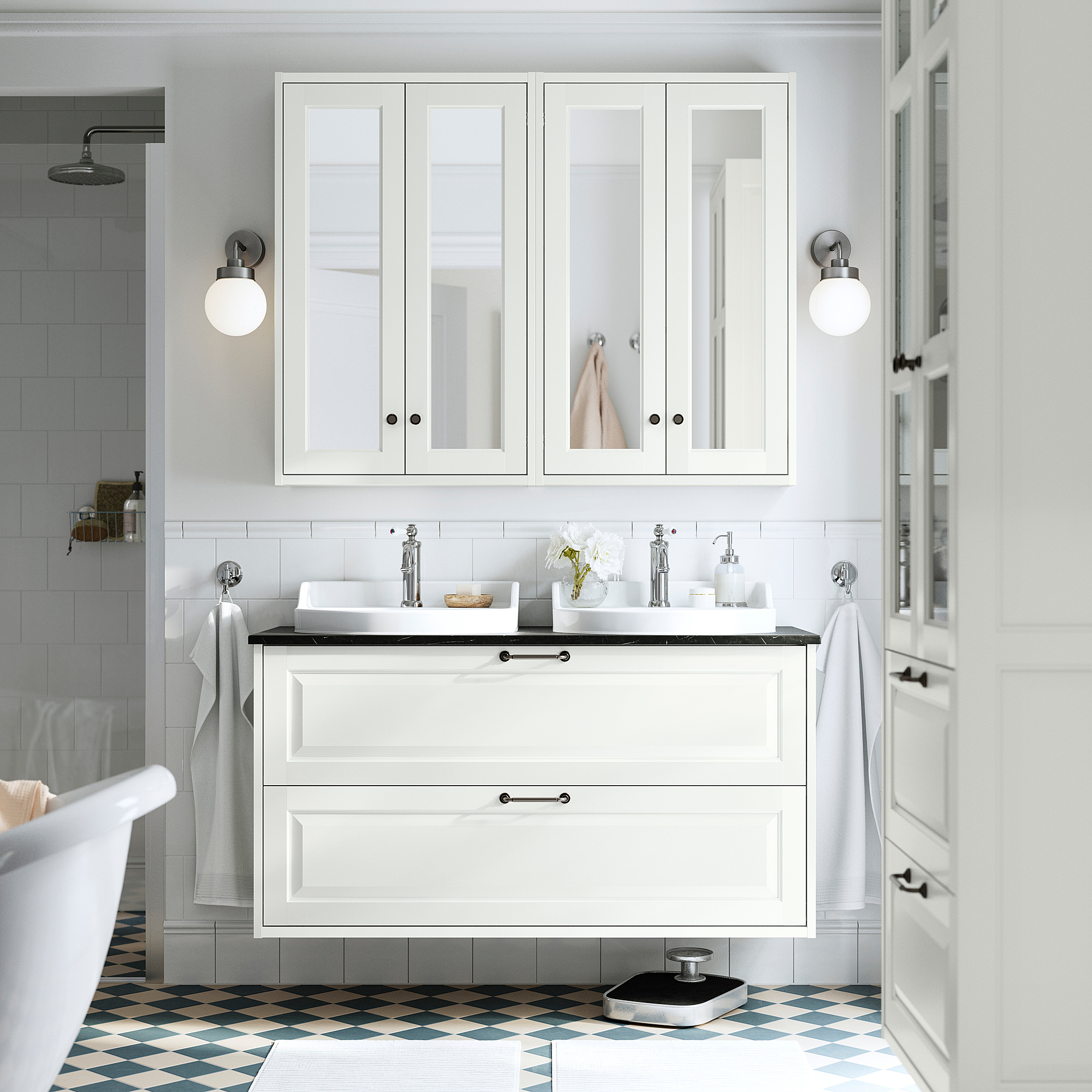 Modern white vanity with sink, chrome faucets, mirrored cabinets, drawers, and tiled floor.