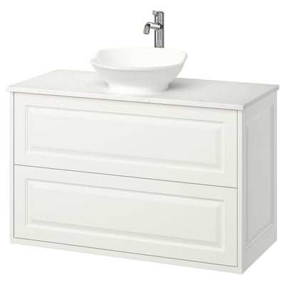 White TÄNNFORSEN bathroom vanity with marble top, round ceramic sink, chrome faucet, wall-mounted with two drawers.