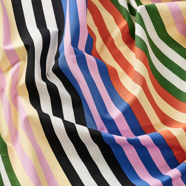 Vibrant striped cotton fabric; colorful, high-quality home decor or craft material, machine washable.