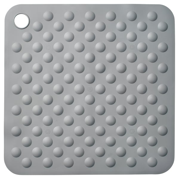 Gray square bath mat with numerous small dots; synthetic rubber; suction cups for stability.