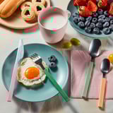 Colorful cutlery set with plates, berries, and breakfast. Bright handles enhance table settings mood.