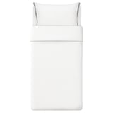 White bedding set with blue trim, made of organic cotton.