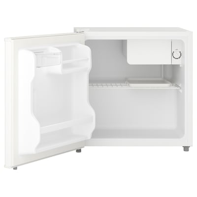 Small white fridge, compact design, glossy finish, four legs, ideal for small spaces.