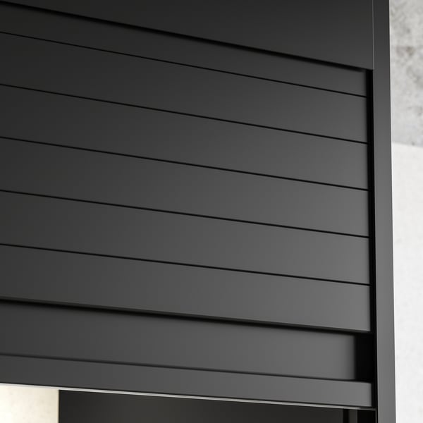 Black kitchen cabinet, sleek tambour door, modern design, smooth surface, TITTEBO.